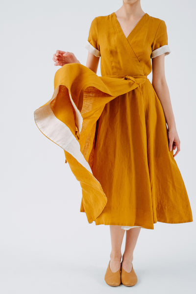 Wrap Dress, Short Sleeve, Marigold#color_marigold