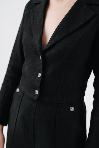 Stella Jacket, Twill Linen, Black Herringbone