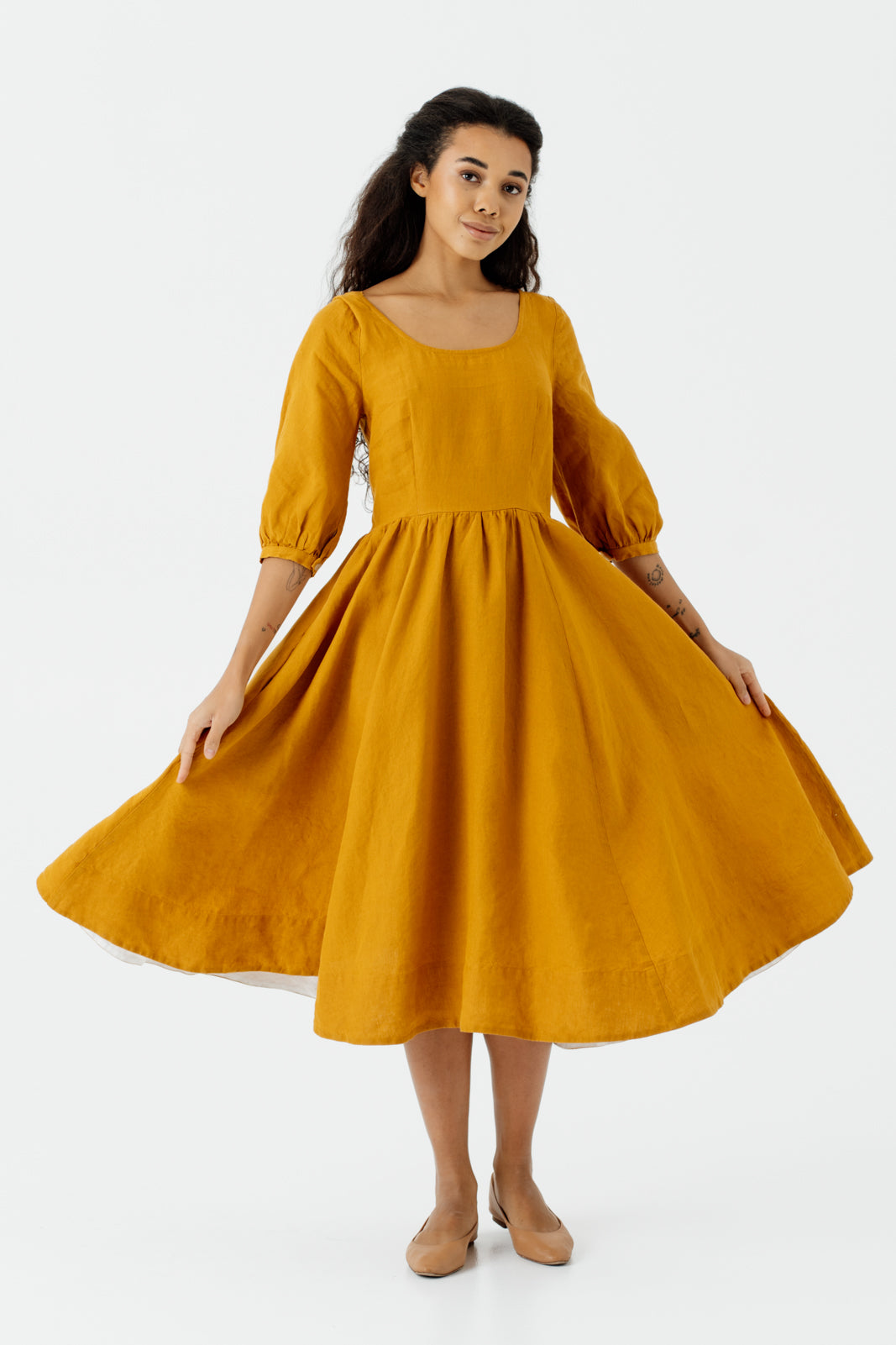 Carmen Dress, 3/4 Sleeve, #color_marigold