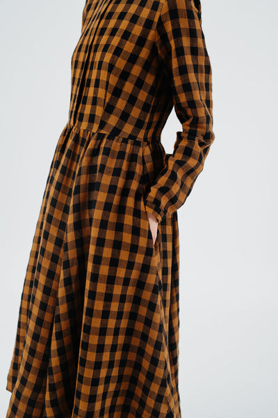 Classic Dress, Long Sleeve, Brown Checkers#color_brown-checkers