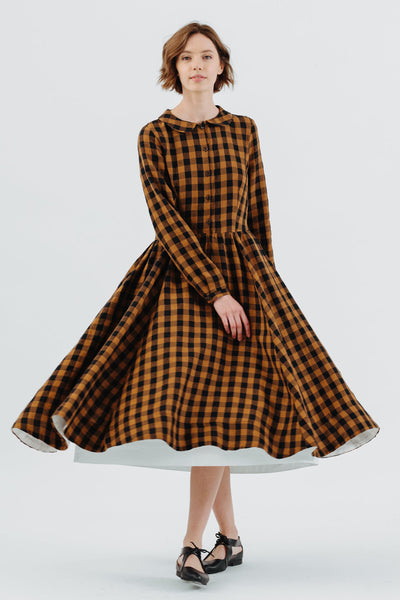 Classic Dress, Long Sleeve, Brown Checkers#color_brown-checkers