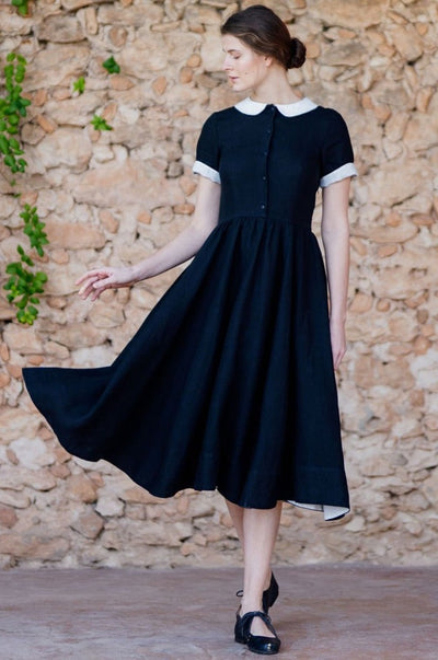 Classic Dress with White Collar, Short Sleeve, Black Pansy#color_black-pansy-white-collar