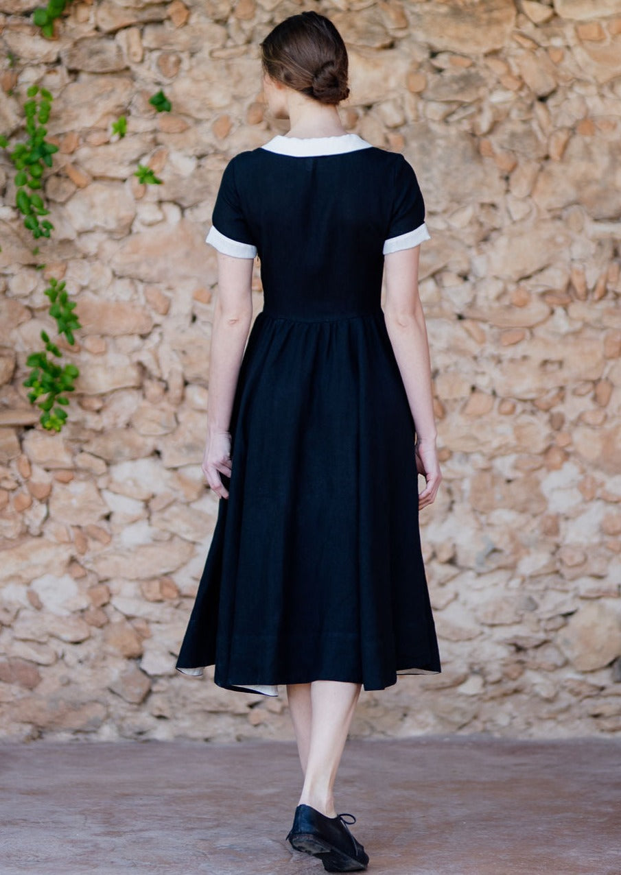 Classic Dress with White Collar, Short Sleeve, Black Pansy#color_black-pansy-white-collar
