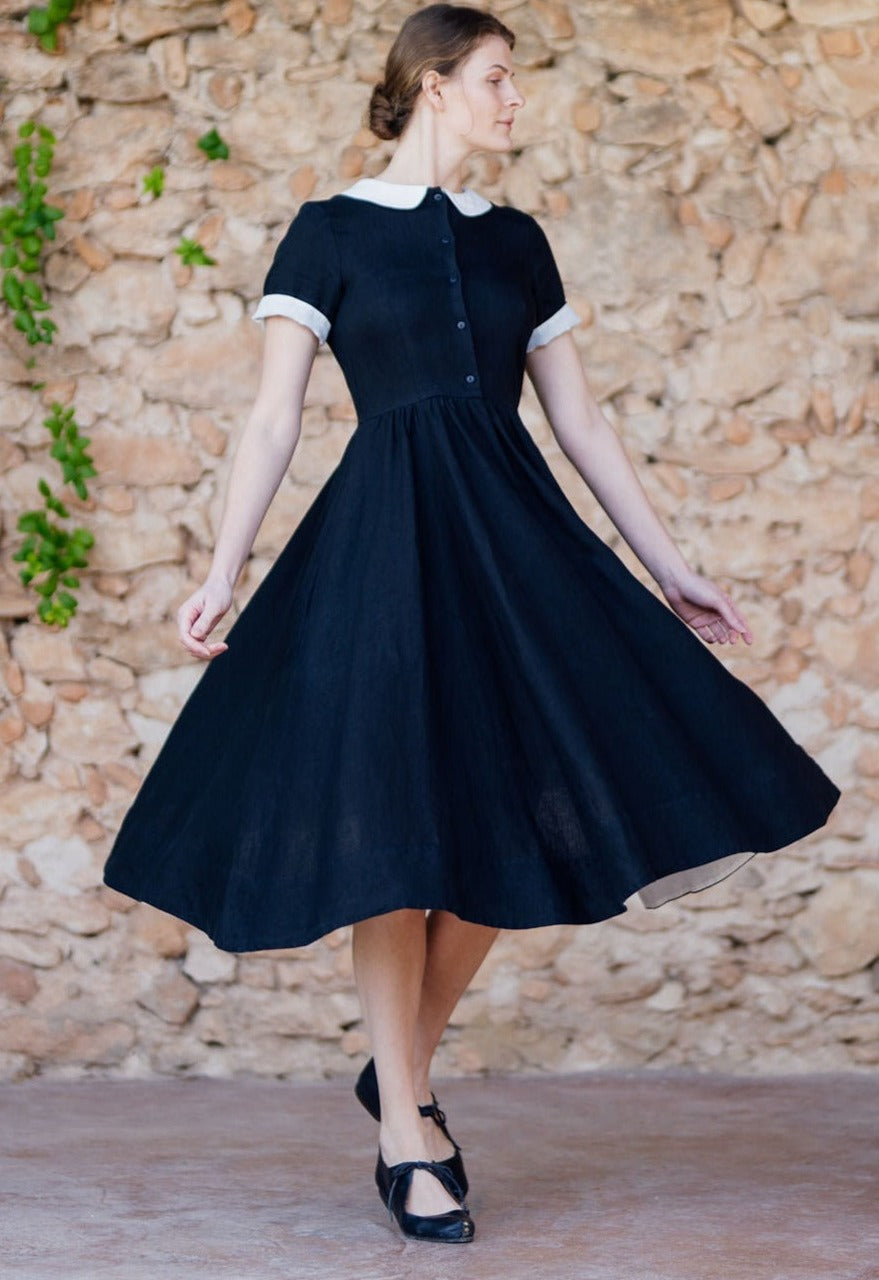 Classic Dress with White Collar, Short Sleeve, Black Pansy#color_black-pansy-white-collar