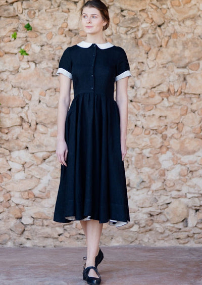 Classic Dress with White Collar, Short Sleeve, Black Pansy#color_black-pansy-white-collar