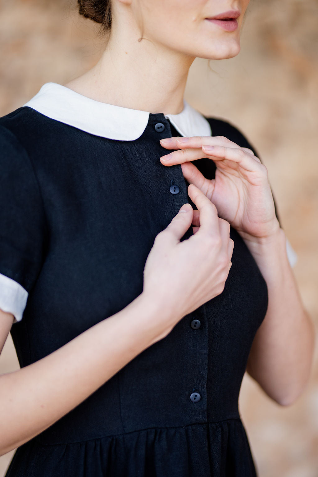 Classic Dress with White Collar, Short Sleeve, Black Pansy#color_black-pansy-white-collar