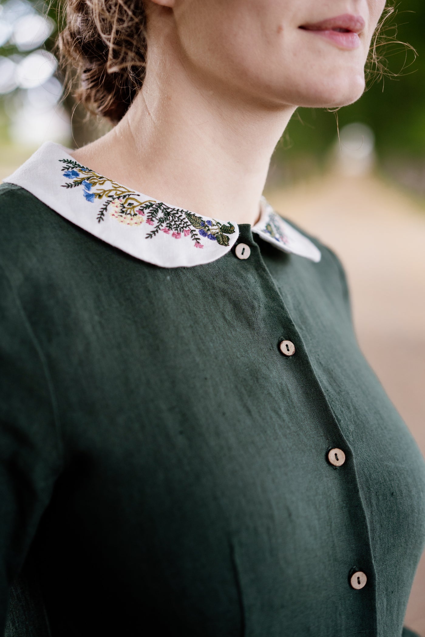 Classic Dress with Embroidered Meadow Peter Pan Collar, Long Sleeve#color_evergreen