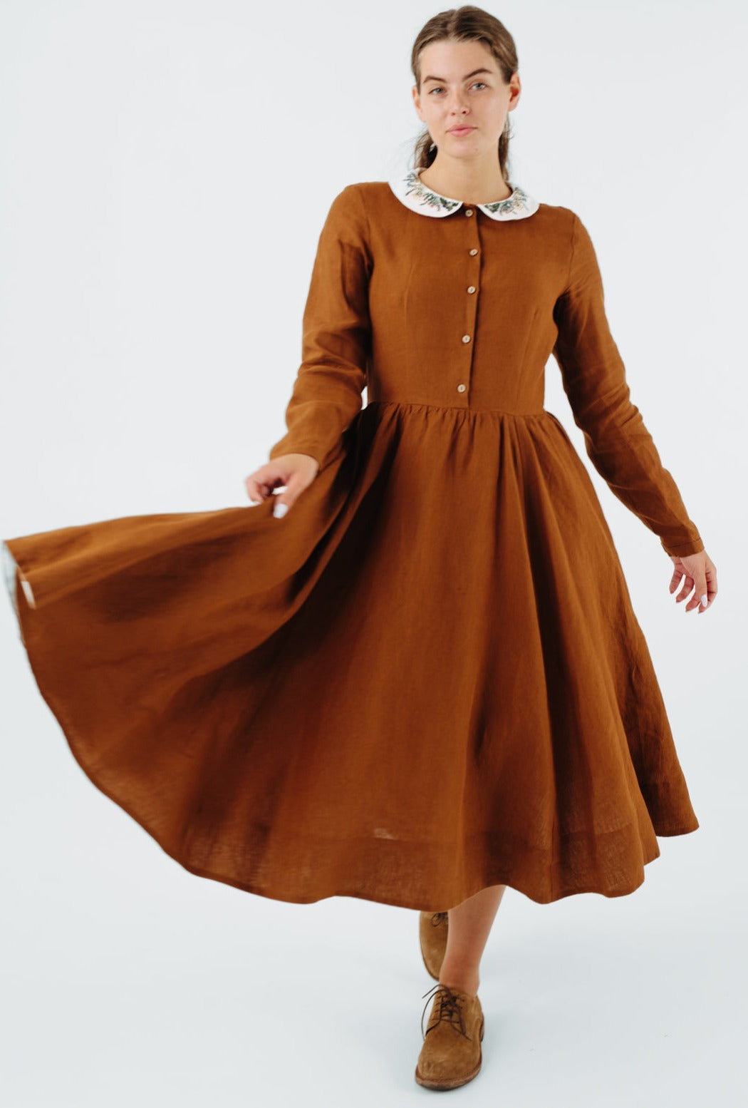 Classic Dress with Embroidered Meadow Peter Pan Collar, Long Sleeve#color_warm-brown