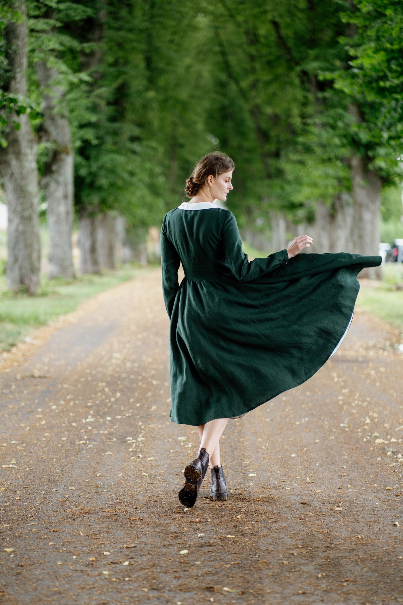 Classic Dress with Embroidered Meadow Peter Pan Collar, Long Sleeve#color_evergreen