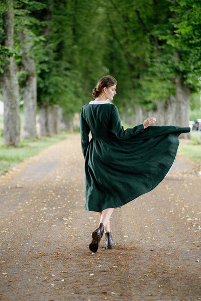 Classic Dress with Embroidered Meadow Peter Pan Collar, Long Sleeve#color_evergreen