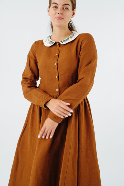 Classic Dress with Embroidered Meadow Peter Pan Collar, Long Sleeve#color_warm-brown