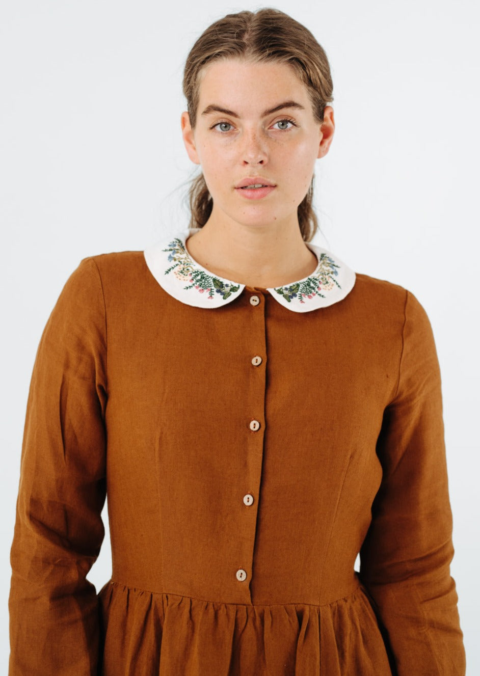 Classic Dress with Embroidered Meadow Peter Pan Collar, Long Sleeve#color_warm-brown