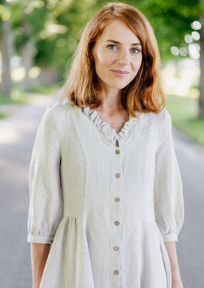 Ophelia Dress, 3/4 Sleeve, Natural Dot#color_natural-dot