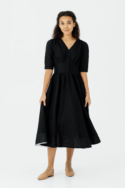Diane Dress, Puffed Sleeve, Black Pansy#color_black-pansy
