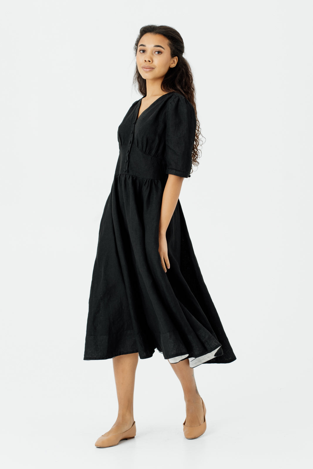Diane Dress, Puffed Sleeve, Black Pansy#color_black-pansy
