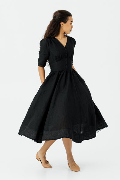 Diane Dress, Puffed Sleeve, Black Pansy#color_black-pansy