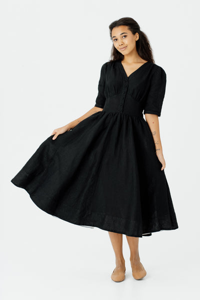 Diane Dress, Puffed Sleeve, Black Pansy#color_black-pansy