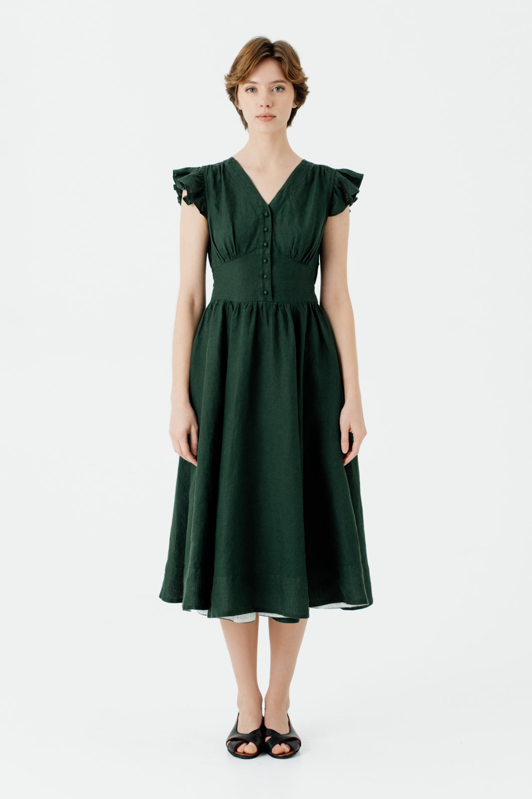 Diane Dress, Ruffle Sleeve, Evergreen#color_evergreen