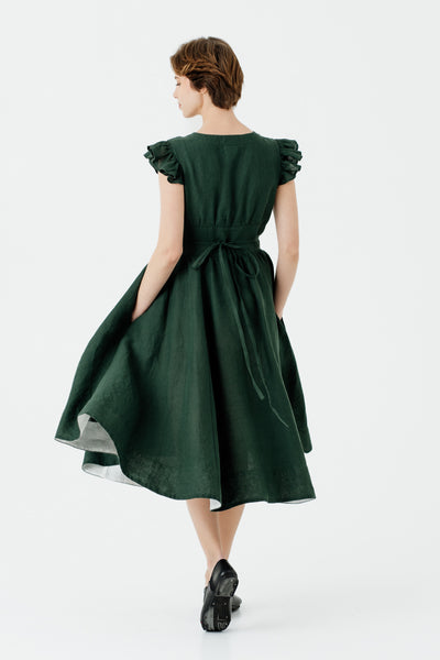 Diane Dress, Ruffle Sleeve, Evergreen#color_evergreen