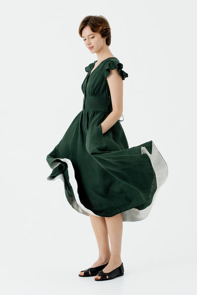 Diane Dress, Ruffle Sleeve, Evergreen#color_evergreen
