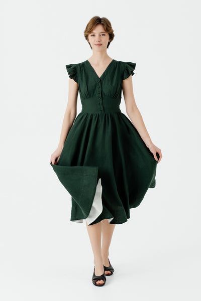 Diane Dress, Ruffle Sleeve, Evergreen#color_evergreen