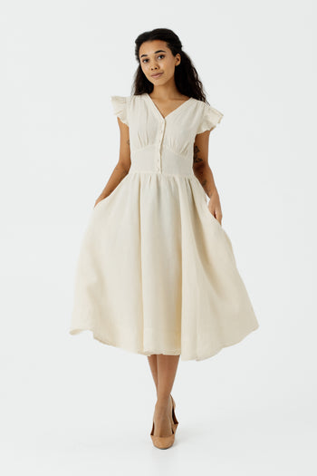 Diane Dress, Ruffle Sleeve, Hemp, Milky White#color_milky-white