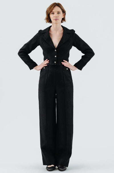 Stella Jacket, Twill Linen, Black Herringbone