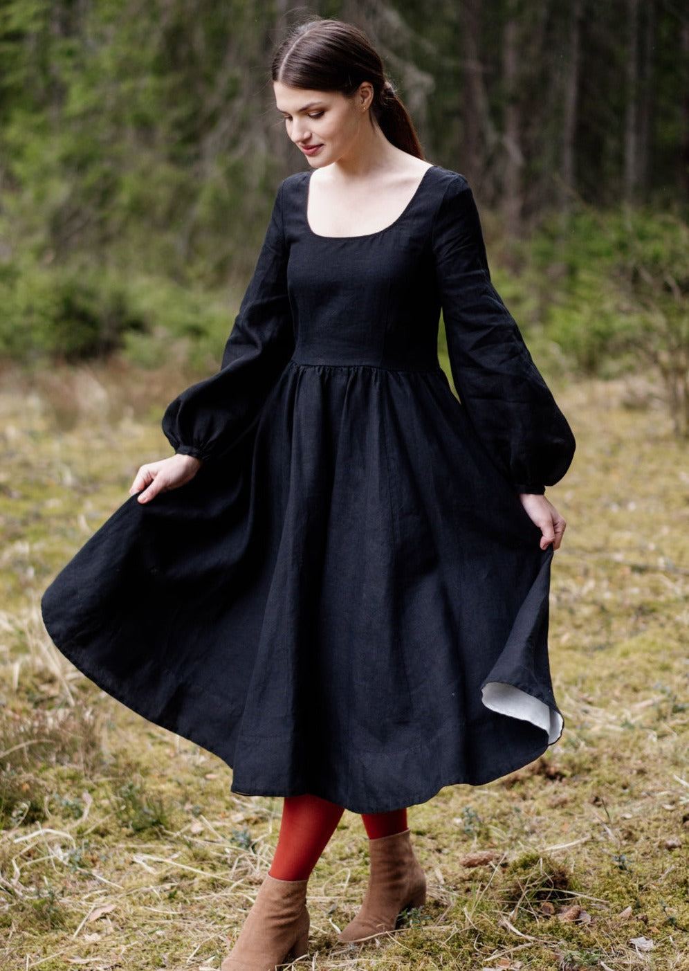 Carmen Dress, Long Sleeve, Black Pansy#color_black-pansy