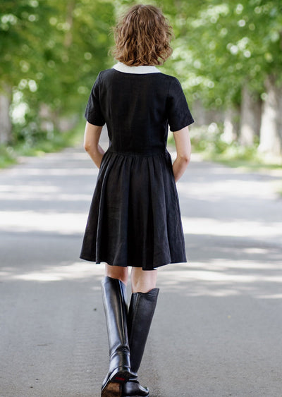 Mini Classic Dress with White Collar, Short Sleeve, Black Pansy#color_black-pansy-white-collar