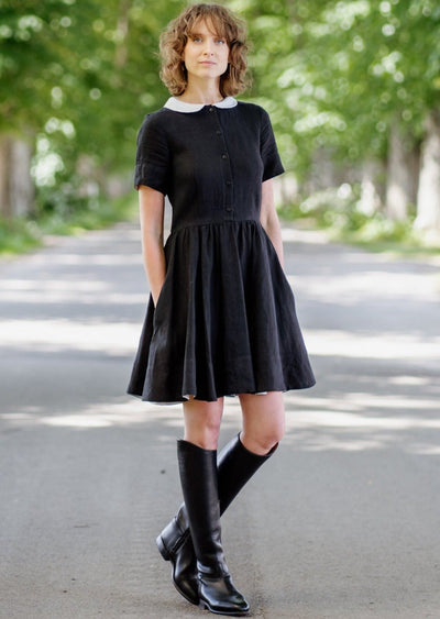 Mini Classic Dress with White Collar, Short Sleeve, Black Pansy#color_black-pansy-white-collar