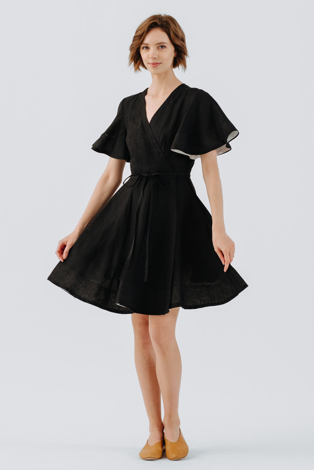 Mini Wrap Dress, Butterfly Sleeve, Black Pansy#color_black-pansy
