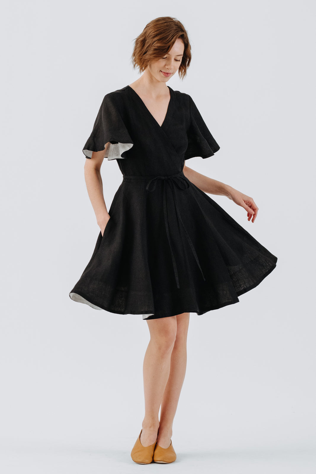 Mini Wrap Dress, Butterfly Sleeve, Black Pansy#color_black-pansy