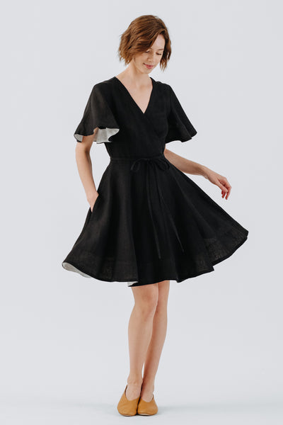 Mini Wrap Dress, Butterfly Sleeve, Black Pansy#color_black-pansy