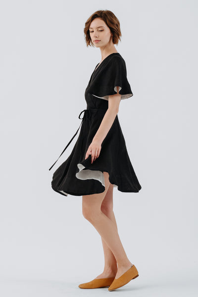Mini Wrap Dress, Butterfly Sleeve, Black Pansy#color_black-pansy