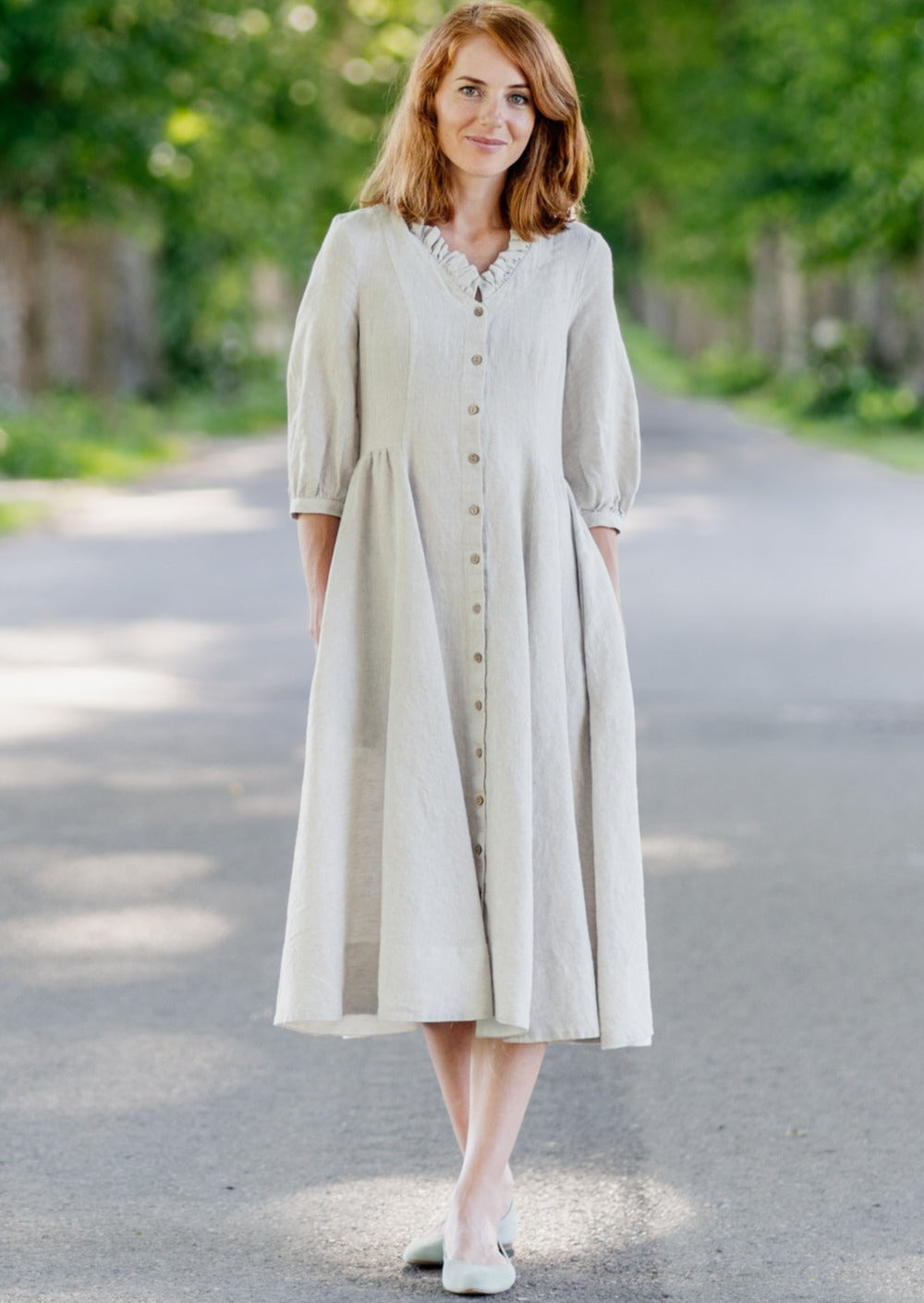 Ophelia Dress, 3/4 Sleeve, Natural Dot#color_natural-dot