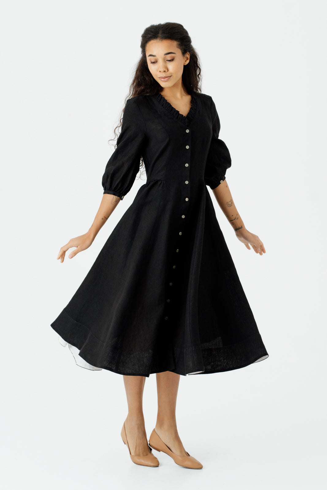 Ophelia Dress, 3/4 Sleeve, Black Pansy#color_black-pansy