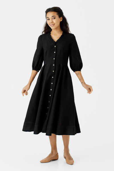 Ophelia Dress, 3/4 Sleeve, Black Pansy#color_black-pansy