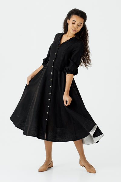 Ophelia Dress, 3/4 Sleeve, Black Pansy#color_black-pansy