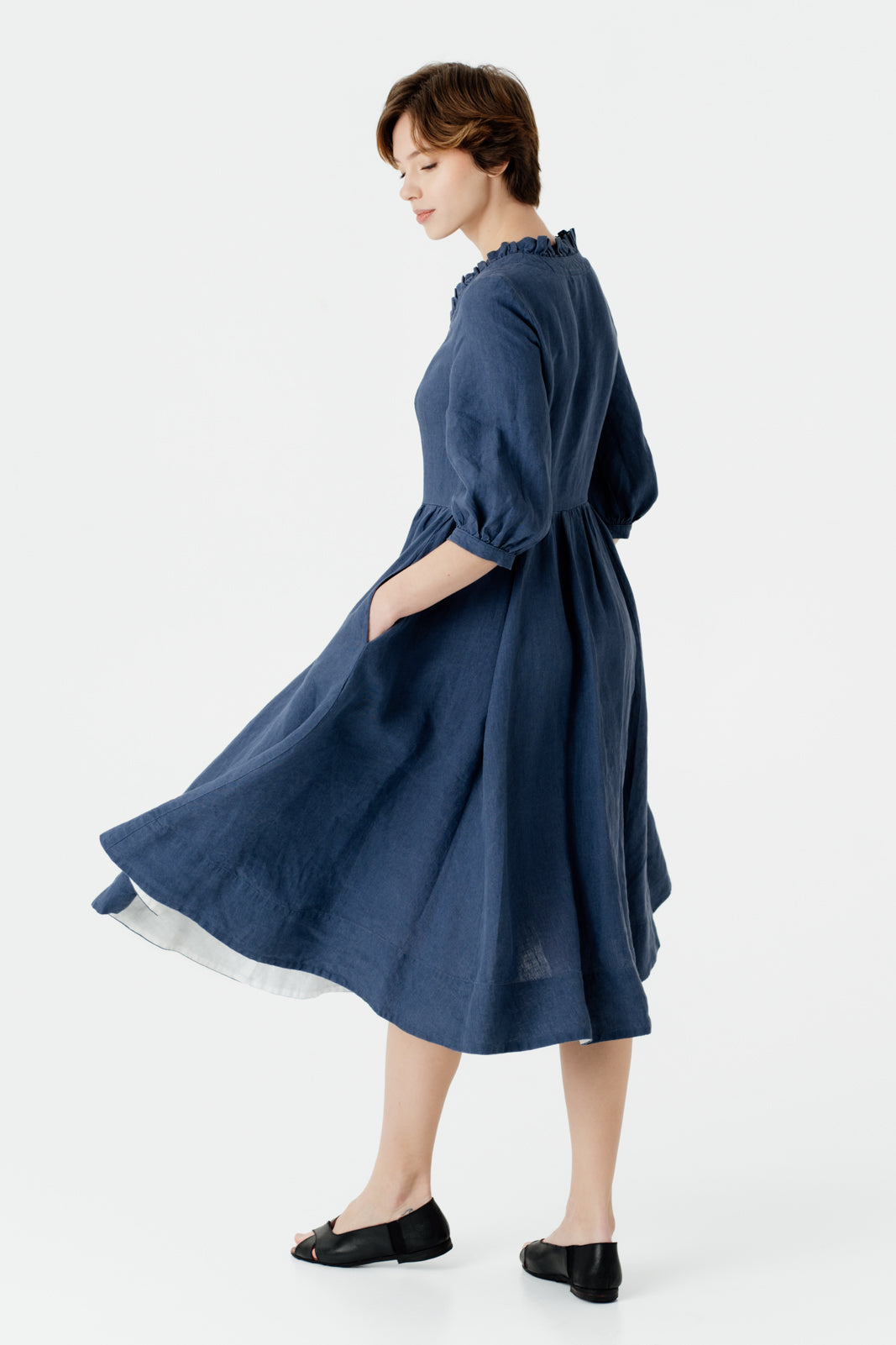Ophelia Dress, 3/4 Sleeve, Moonlight Blue#color_moonlight-blue