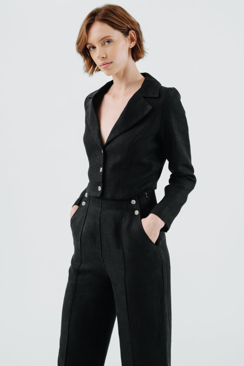 Stella Jacket, Twill Linen, Black Herringbone