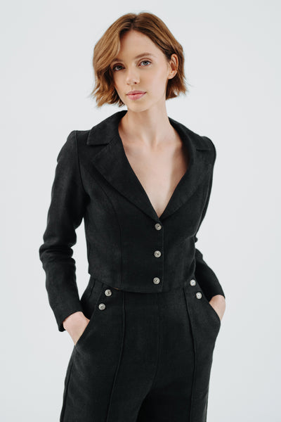 Stella Jacket, Twill Linen, Black Herringbone