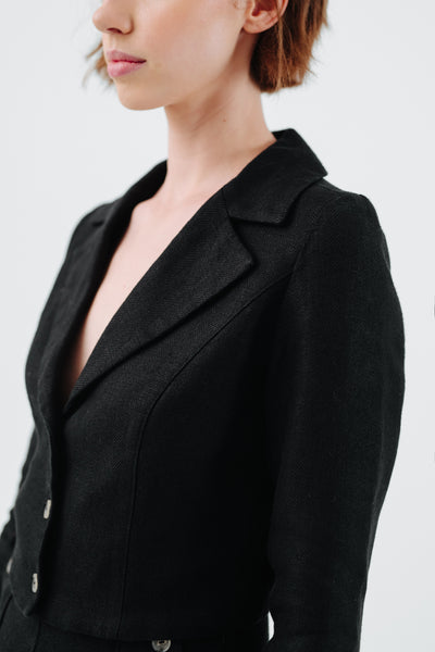 Stella Jacket, Twill Linen, Black Herringbone