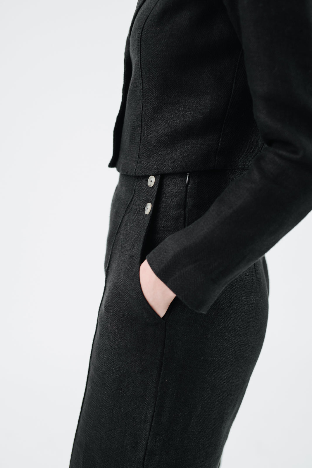 Stella Jacket, Twill Linen, Black Herringbone