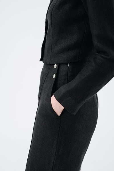 Stella Jacket, Twill Linen, Black Herringbone