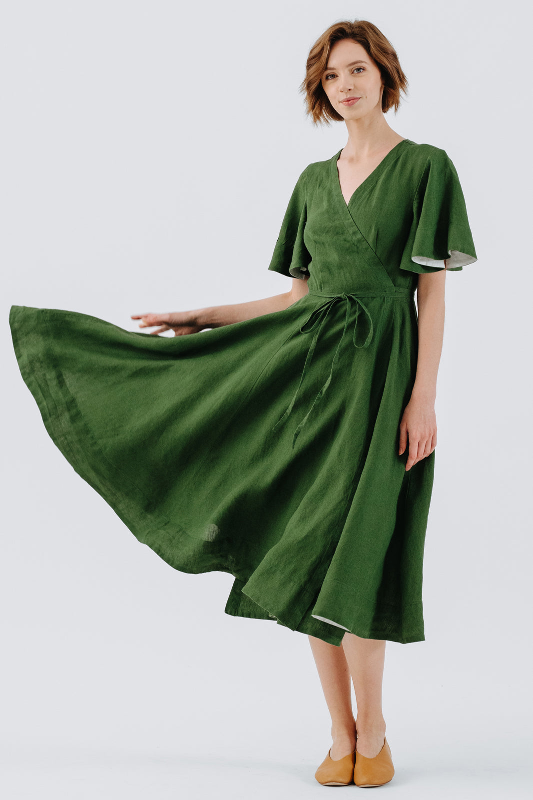 Wrap Dress, Butterfly Sleeve, Emerald Green#color_emerald-green