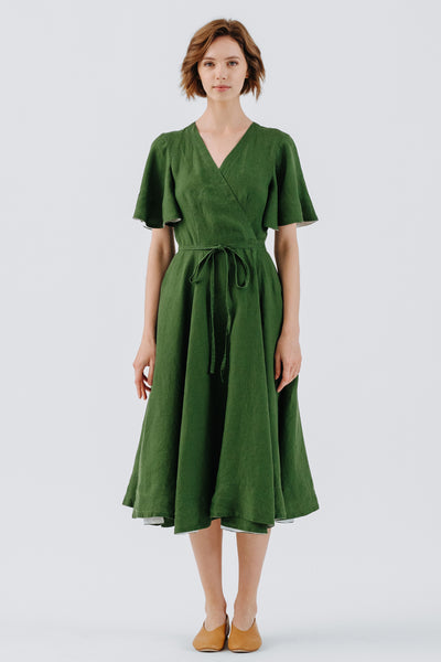 Wrap Dress, Butterfly Sleeve, Emerald Green#color_emerald-green
