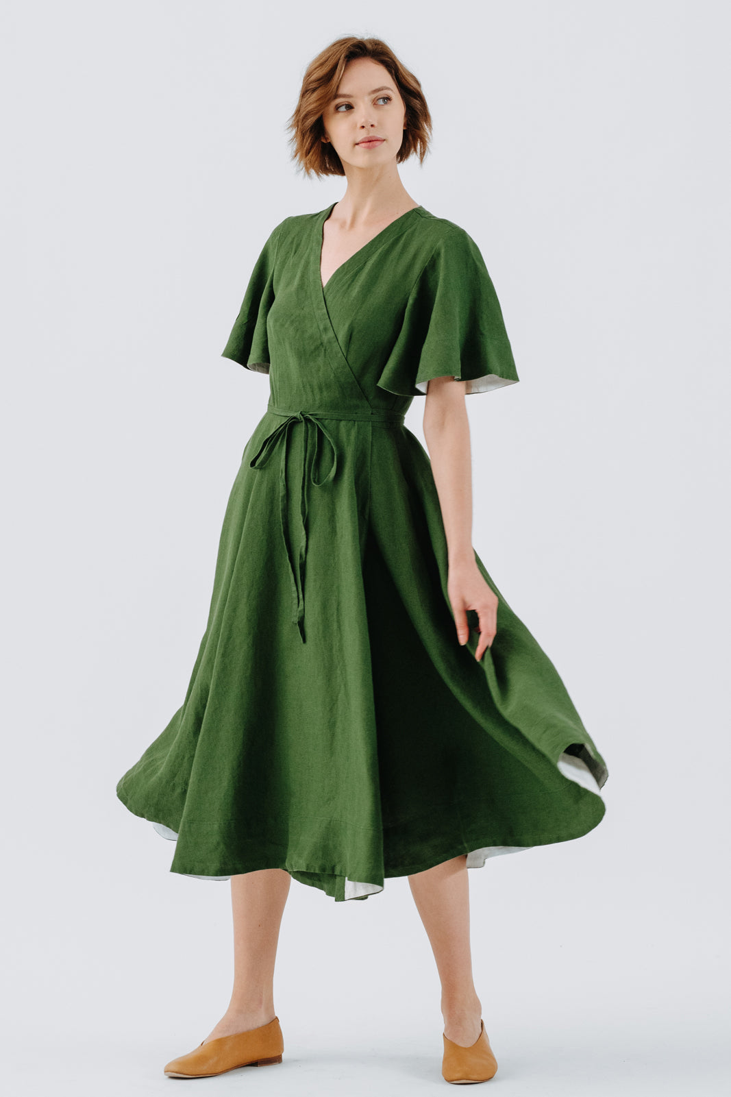 Wrap Dress, Butterfly Sleeve, Emerald Green#color_emerald-green