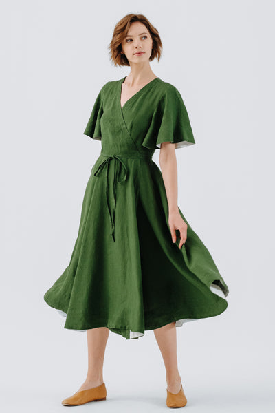 Wrap Dress, Butterfly Sleeve, Emerald Green#color_emerald-green