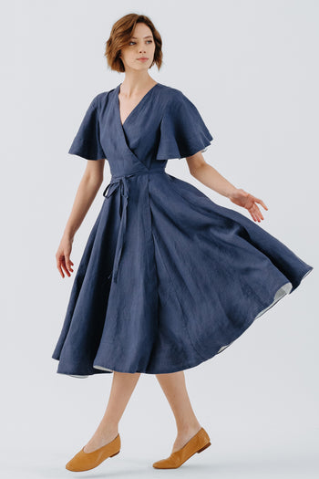 Wrap Dress, Butterfly Sleeve, Moonlight Blue#color_moonlight-blue