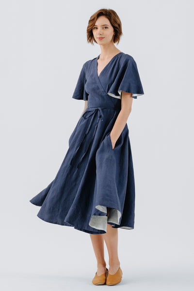 Wrap Dress, Butterfly Sleeve, Moonlight Blue#color_moonlight-blue